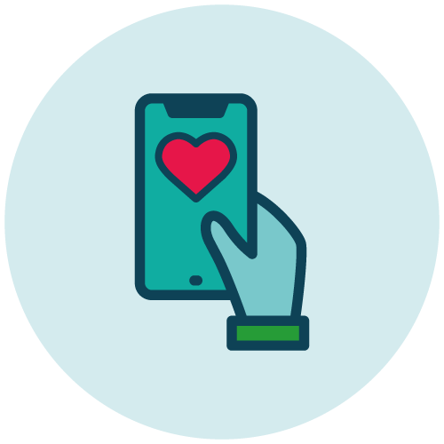 icon of a hand holding a phone with a heart on screen