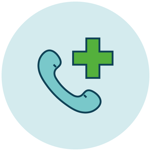 Contact us icon of a blue phone and green medical cross